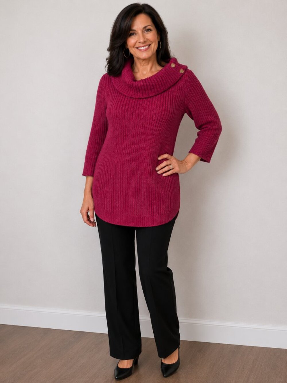 89th & Madison Pullover Pink Sweater, Cowl Neck, Gold Buttons, Size Large, NWT